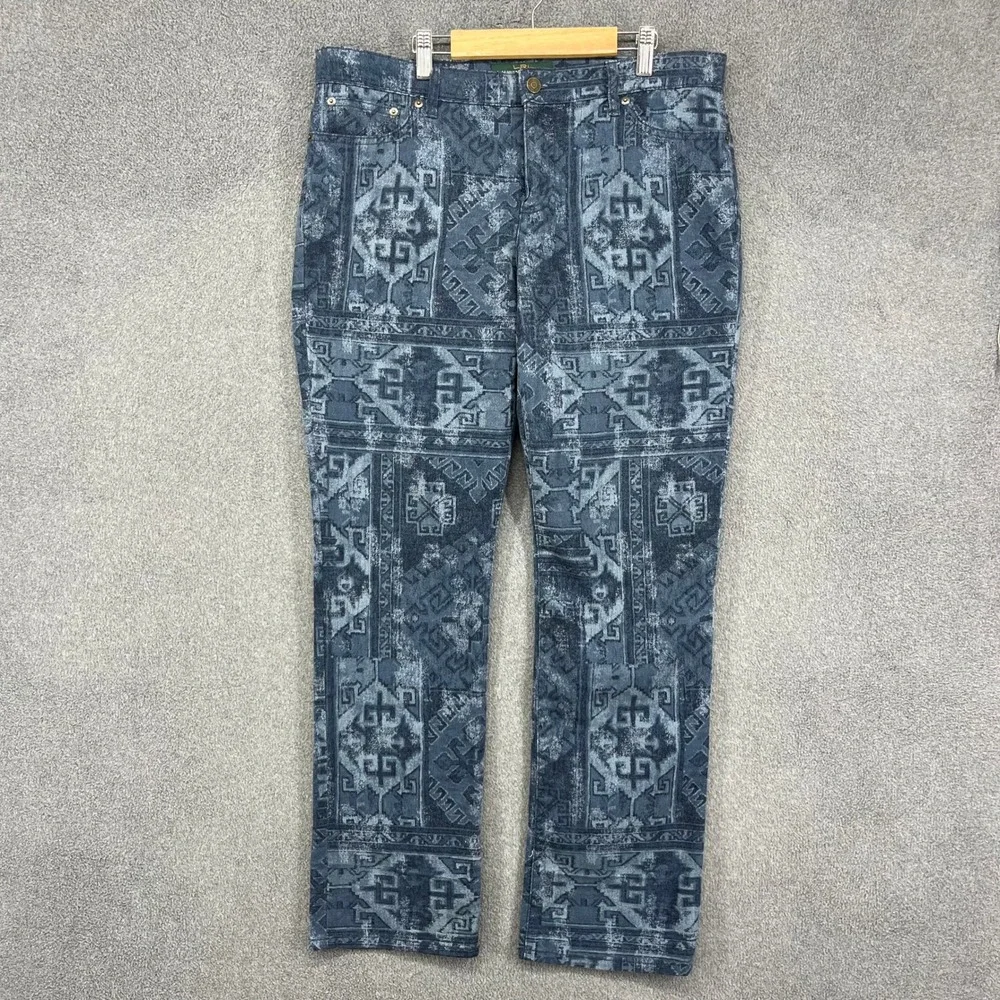 Lauren Ralph Lauren Straight Pants Women 12 Blue Southwestern Tribal Print Denim